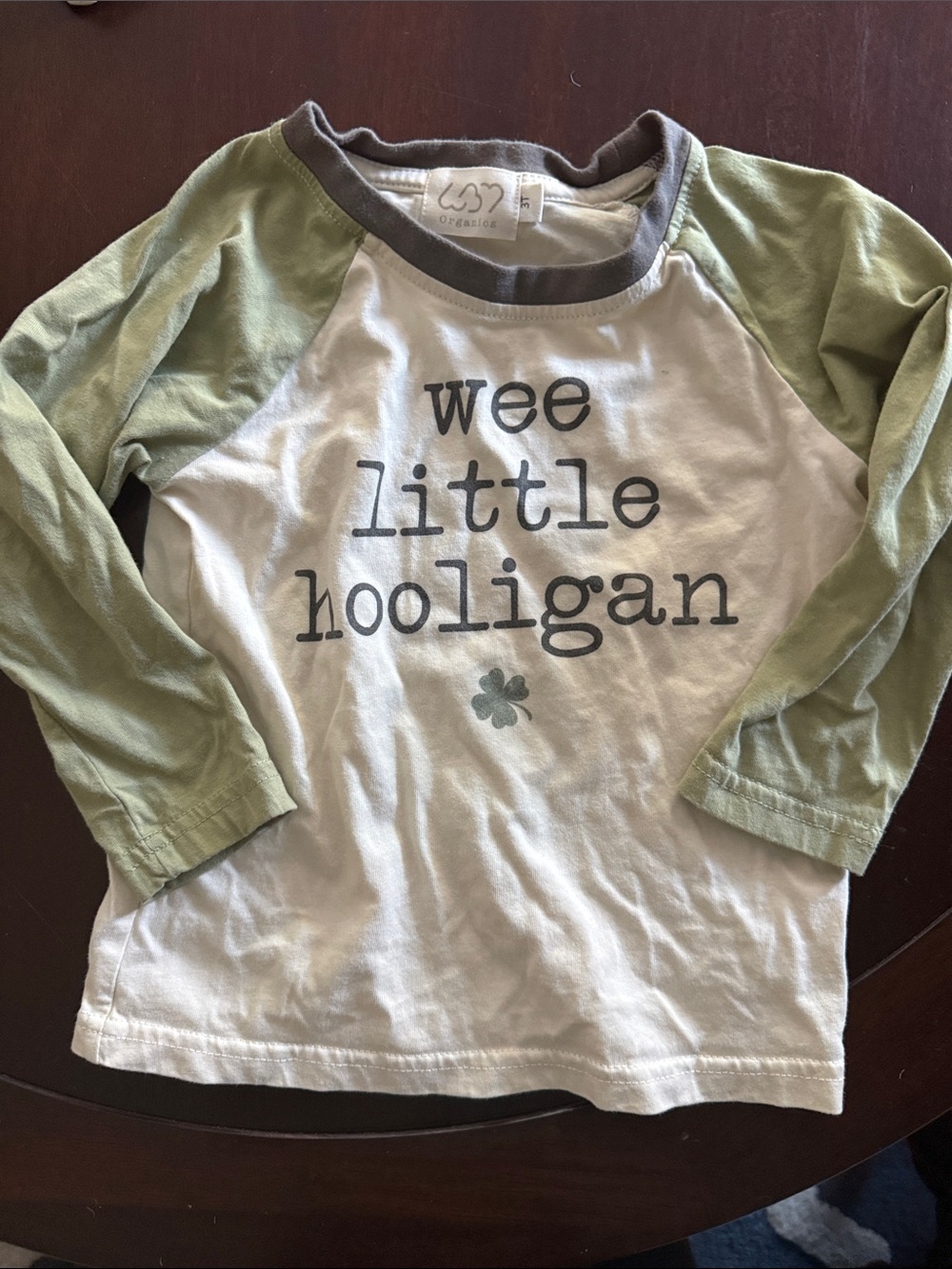 Colored Organics Green and White Raglan 'wee little hooligan' Long Sleeve Tee